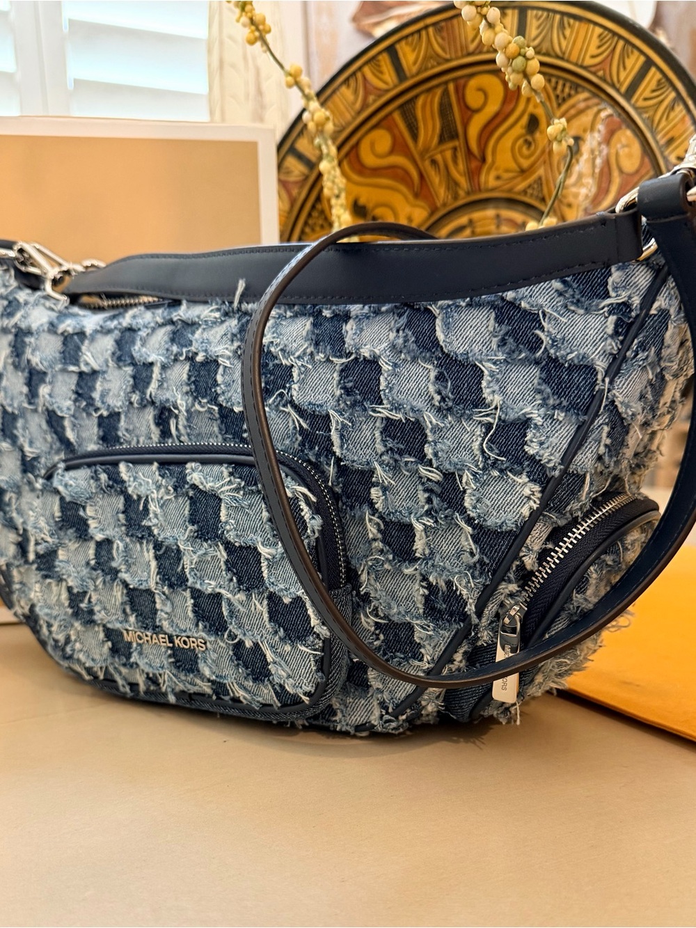 Michael Kors Frayed Denim Patchwork Shoulder Bag in Blue - Picture 6 of 16